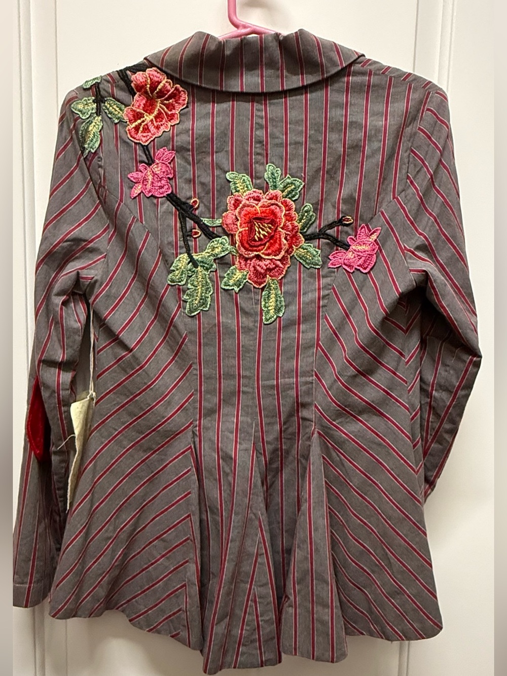 Aratta Striped Embroidered Floral Jacket Blazer - Pink & Gray Net small